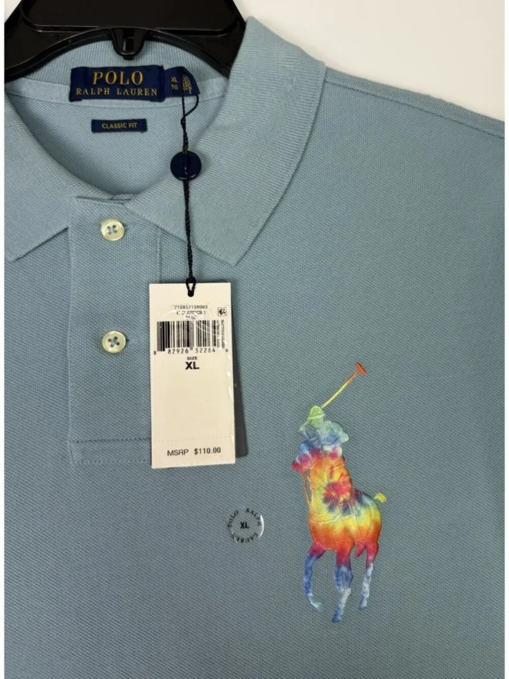Polo Ralph Lauren Shirt Mens XL Classic Fit Light Blue Big Pony Rainbow Tie Dye
